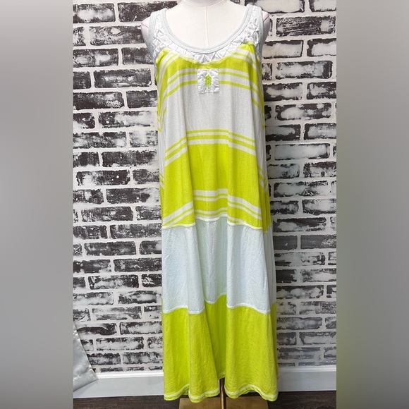 Free People Boho Beachy Resort Wear Neon Yellow & White Striped Maxi Dress - Picture 1 of 8